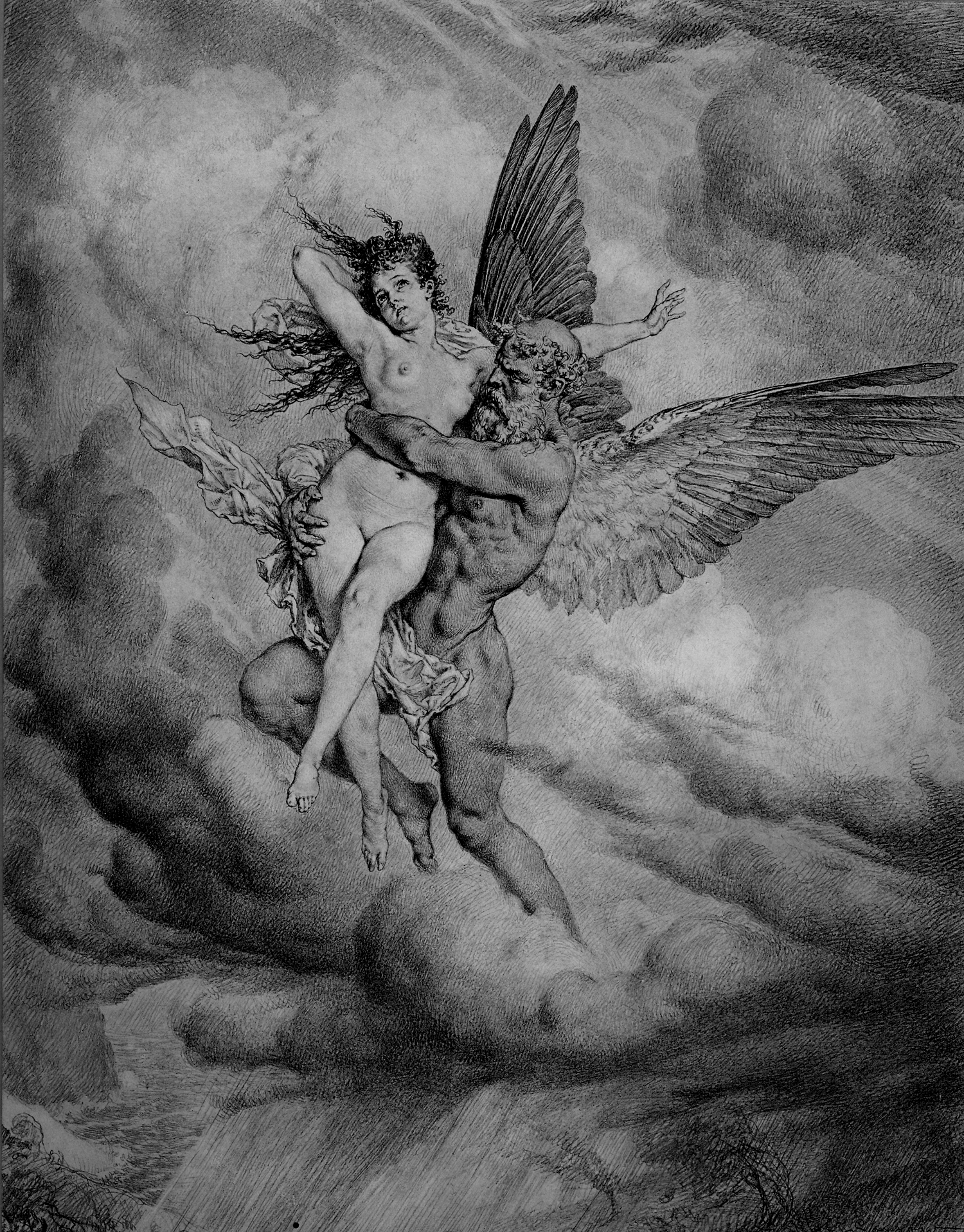 Boreas god van de noordenwind met godin Orithyia ets Heinrich Lossow 1840-1897